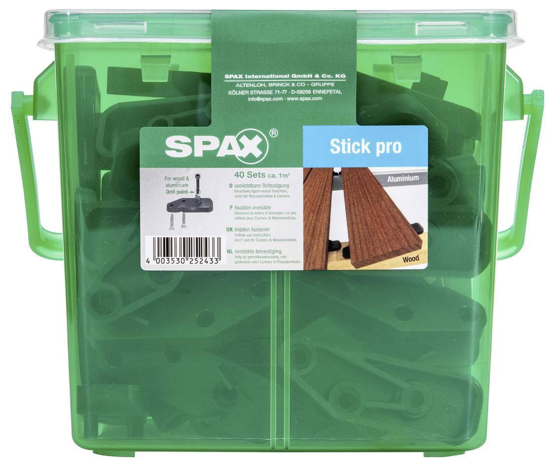 Zelený plastový úložný box SPAX 'Stick pro' upevňovacích prvků s etiketou zobrazující součásti systému vrutů pro dřevo a hliník.