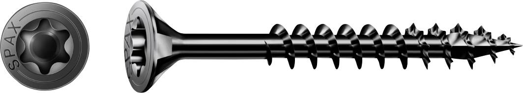 Černý šroub SPAX zobrazený z bočního pohledu s hvězdicovou hlavou a závitovanou hřídelí, spolu s detailním záběrem na vypálenou drážku.