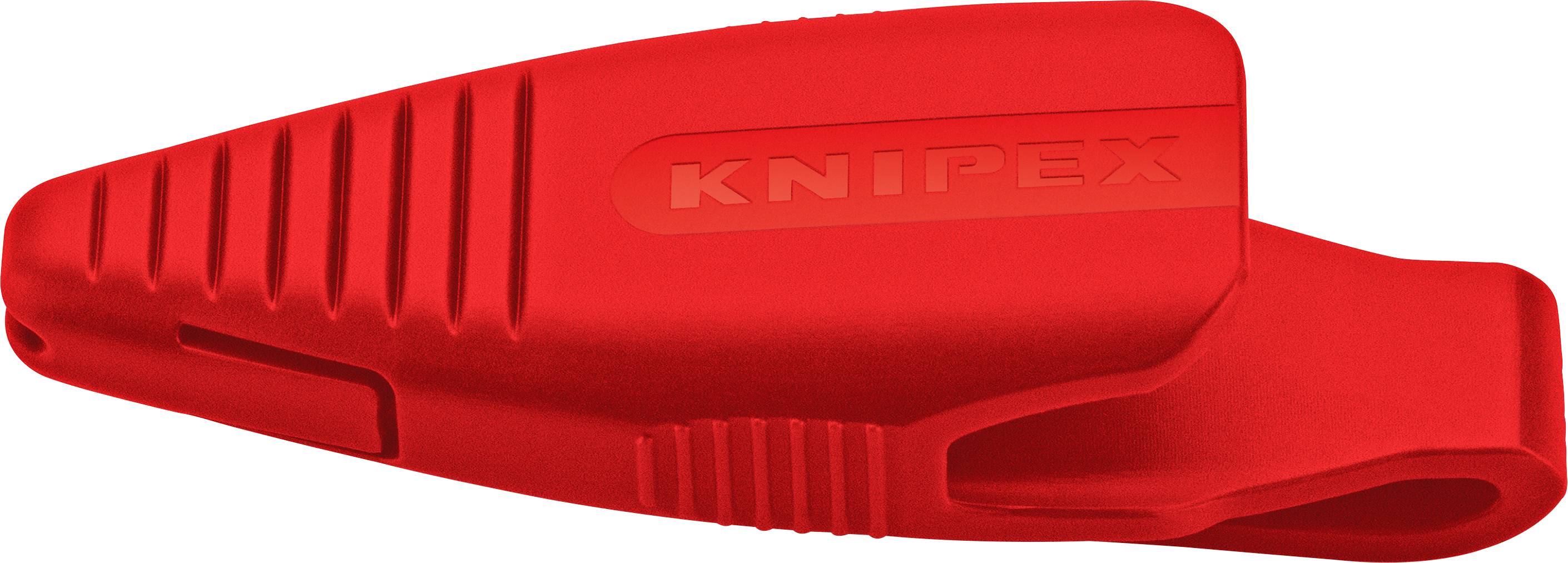 Červený izolovaný kabel Knipex nebo kryt konektoru s vroubkovanou rukojetí a otevřeným koncem, zobrazený na bílém pozadí.