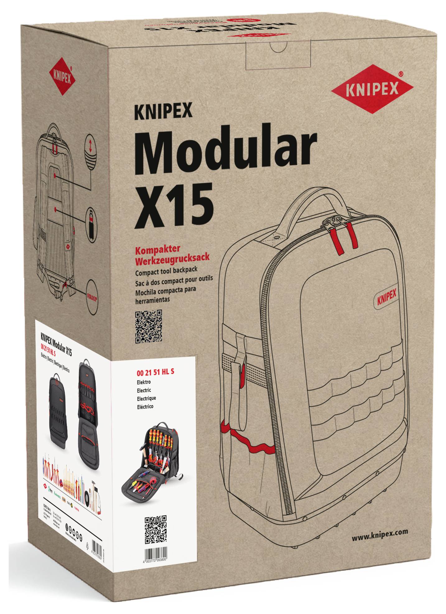 KNIPEX Modulární X15 kompaktní batoh s nářadím na obalu z hnědého kartonu, zobrazující batoh a název produktu.
