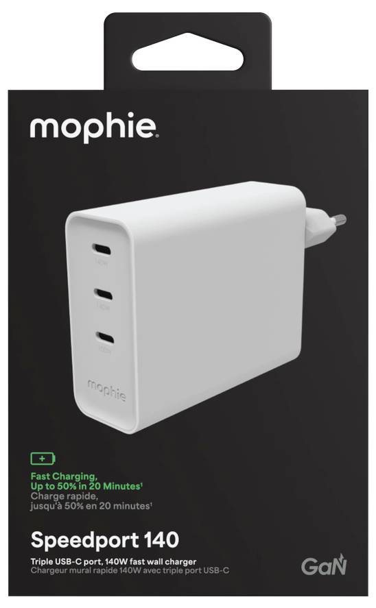 Mophie Speedport 140 trojitá USB-C nástěnná nabíječka se skládacím zásuvkou, zobrazená na černém balení v maloobchodě; rychlé nabíjení až 50 % za 20 minut a technologie GaN.