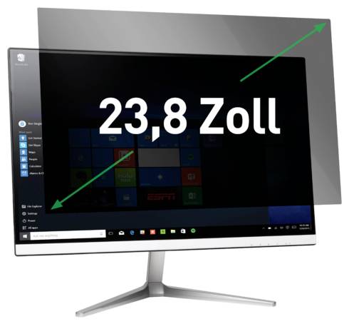 Stříbrný all-in-one počítač s monitorem zobrazující obrazovku Windows, označený "23,8 palců" s diagonálními šipkami ukazujícími velikost displeje.