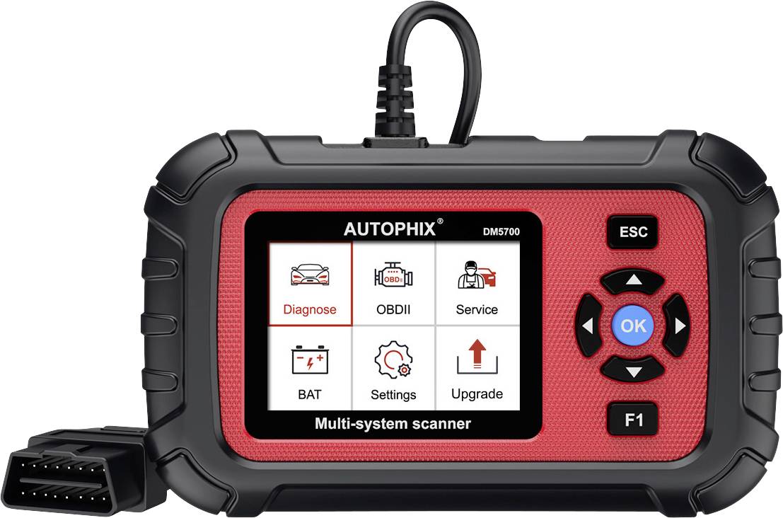 Přenosný diagnostický skener AUTOPHIX DM5700 na více systémů s obrazovkou zobrazující možnosti Diagnóza, OBDII, Servis, BAT, Nastavení a Upgrade, plus kabelový konektor.