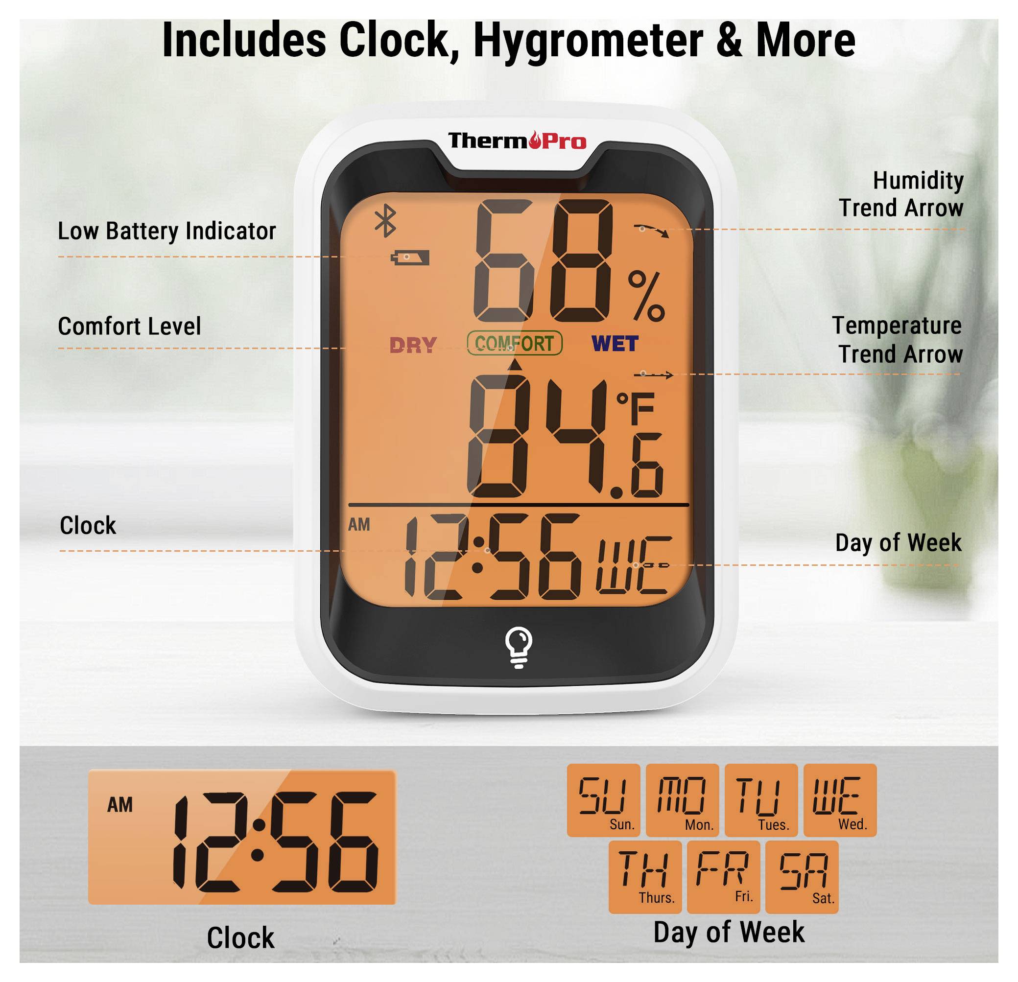 Digitální vlhkoměr a teploměr ThermoPro ukazuje 68% vlhkosti vzduchu, teplotu 84,6°F, čas 12:56 dopoledne, úroveň pohodlí, indikátor slabé baterie a zobrazení dne v týdnu.