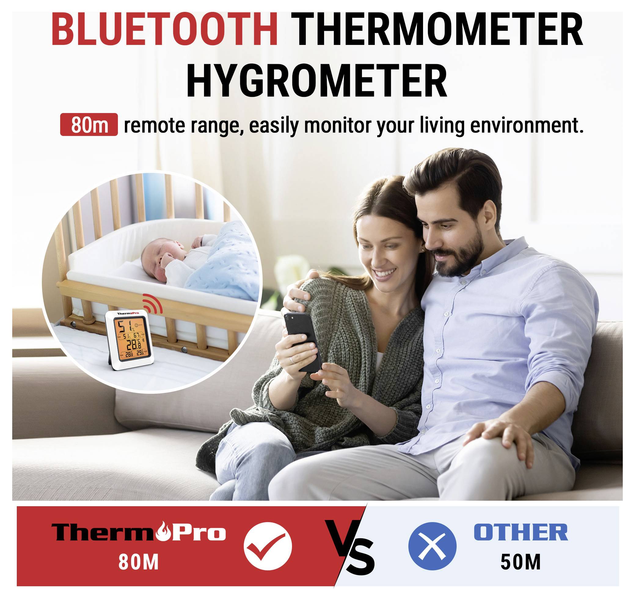 Propagační obrázek pro Bluetooth teploměr vlhkoměr s dosahem 80 m, znázorňující rodiče monitorující miminko a porovnávající ThermoPro 80M s jinými zařízeními s dosahem 50 m.