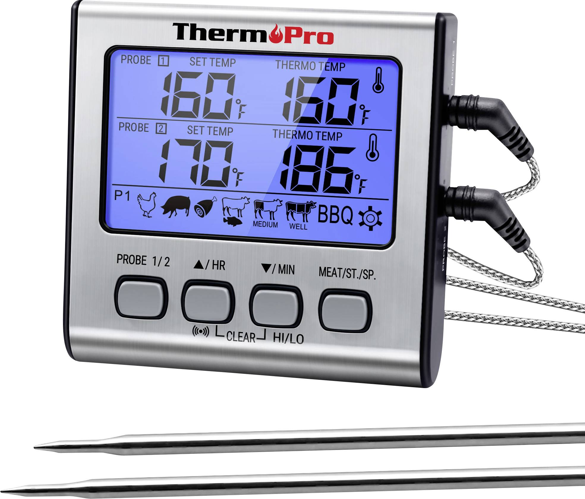 Digitální teploměr na maso ThermoPro s dvěma sondami a displejem zobrazujícím teplotu sondy a cílovou teplotu, plus dvě připojené kovové sondy.