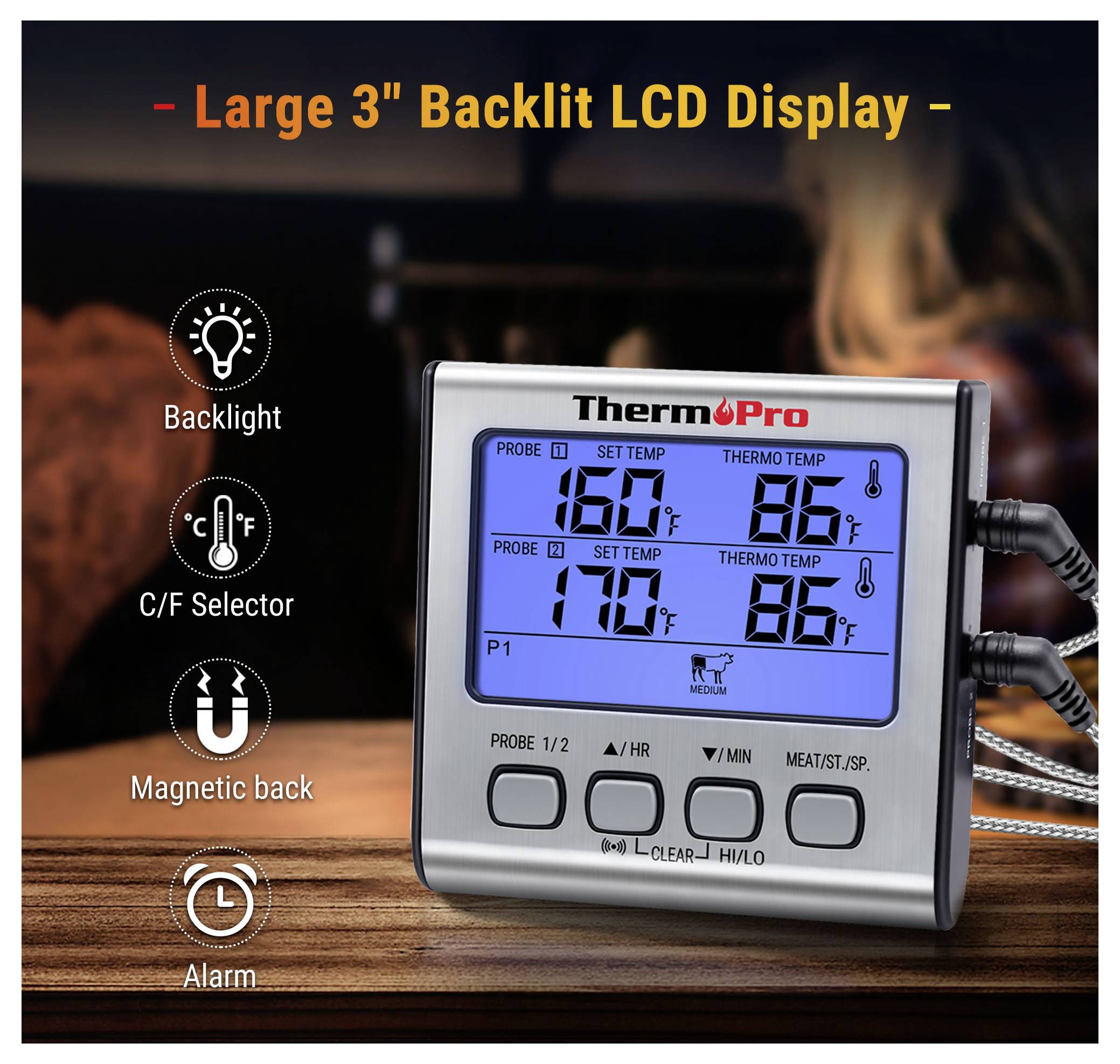 Digitální teploměr na maso ThermoPro s velkým podsvětleným LCD displejem zobrazujícím teplotu sondy a cílovou teplotu, plus podsvícení, volič °C/°F, magnetické záda a funkce alarmu.