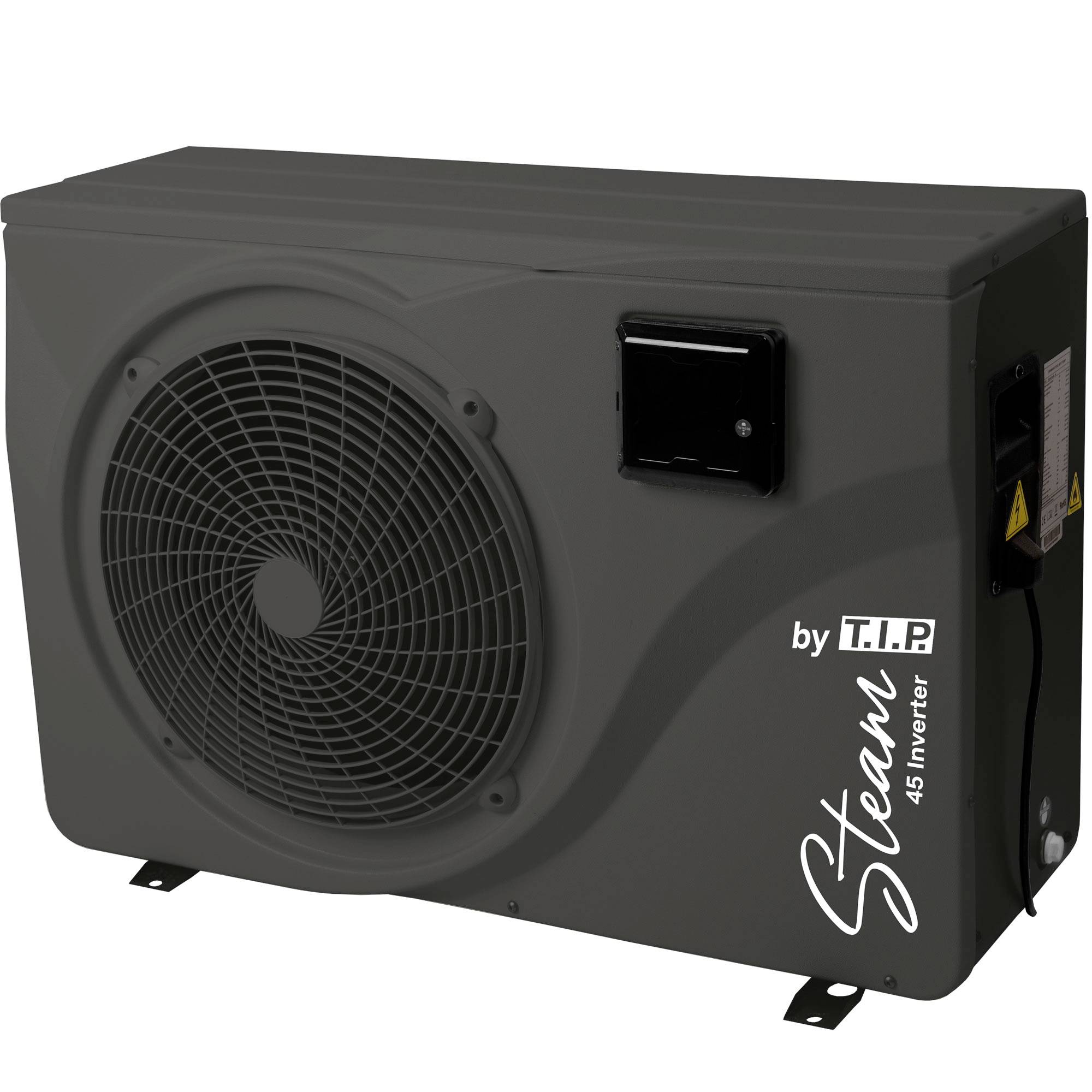 Černá venkovní jednotka tepelného čerpadla s velkým předním ventilátorem a značkou „Sten 45 Inverter" od T.I.P.