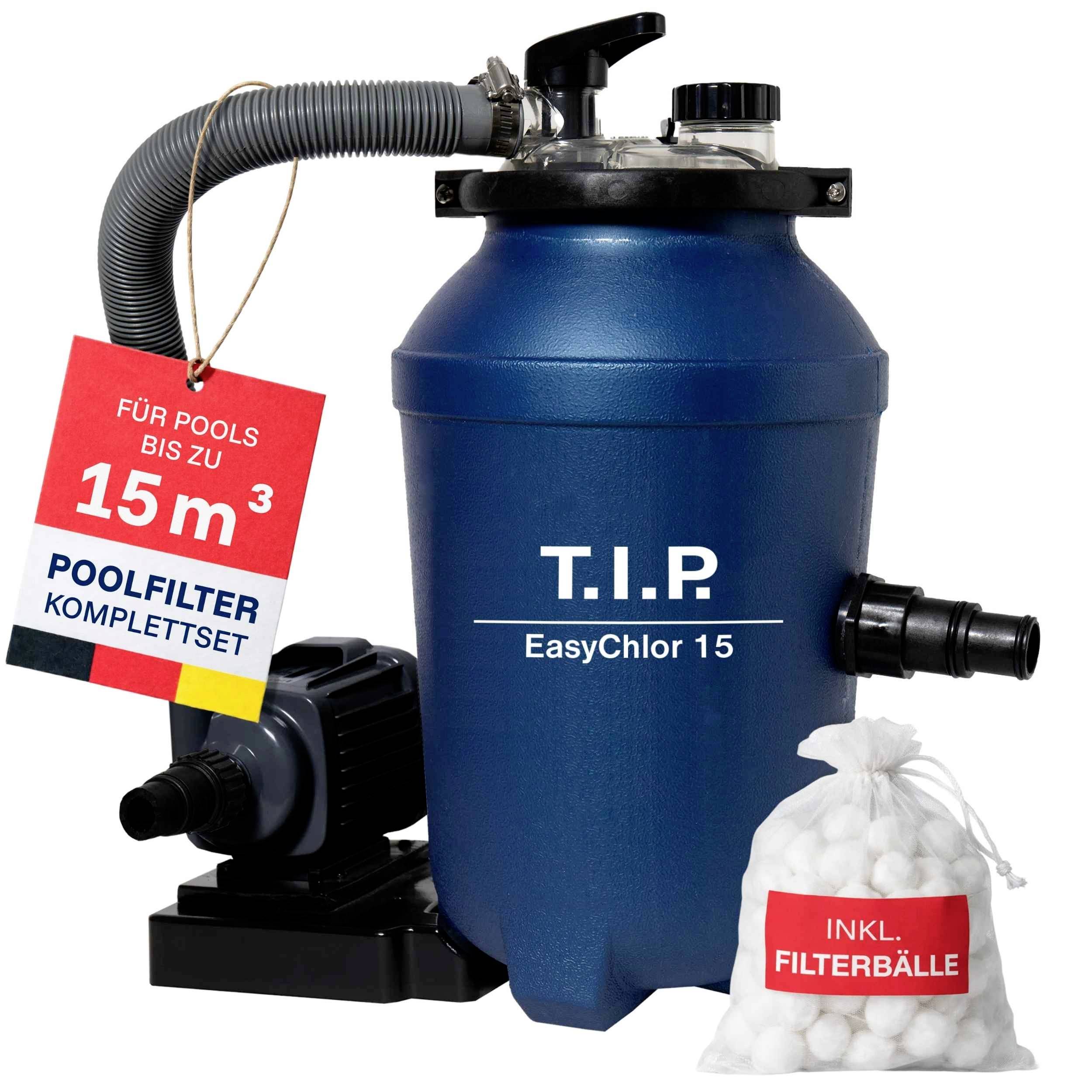 Produktový obrázek sady filtrů T.I.P. EasyChlor 15 do bazénu s čerpadlem, hadicí a vorem kuliček na filtraci; štítek říká „PRO BAZÉNY DO 15 m³" a „KOMPLETNÍ SADA BAZÉNOVÉHO FILTRU".
