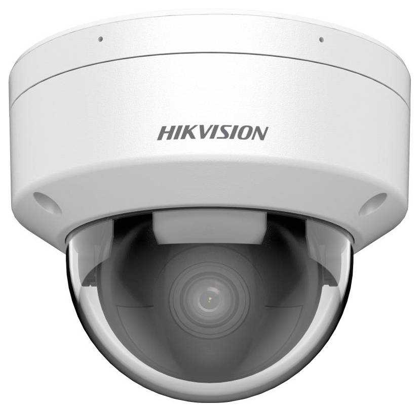 Bílá купольная bezpečnostní kamera Hikvision s čirým ochranným bublinovým objektivem, zobrazená zepředu na jednoduchém pozadí.