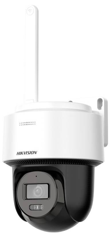 Bílá venkovní bezpečnostní kamera Hikvision s anténou, připevněná na nástěnný držák, zobrazena zepředu na neutrálním pozadí.