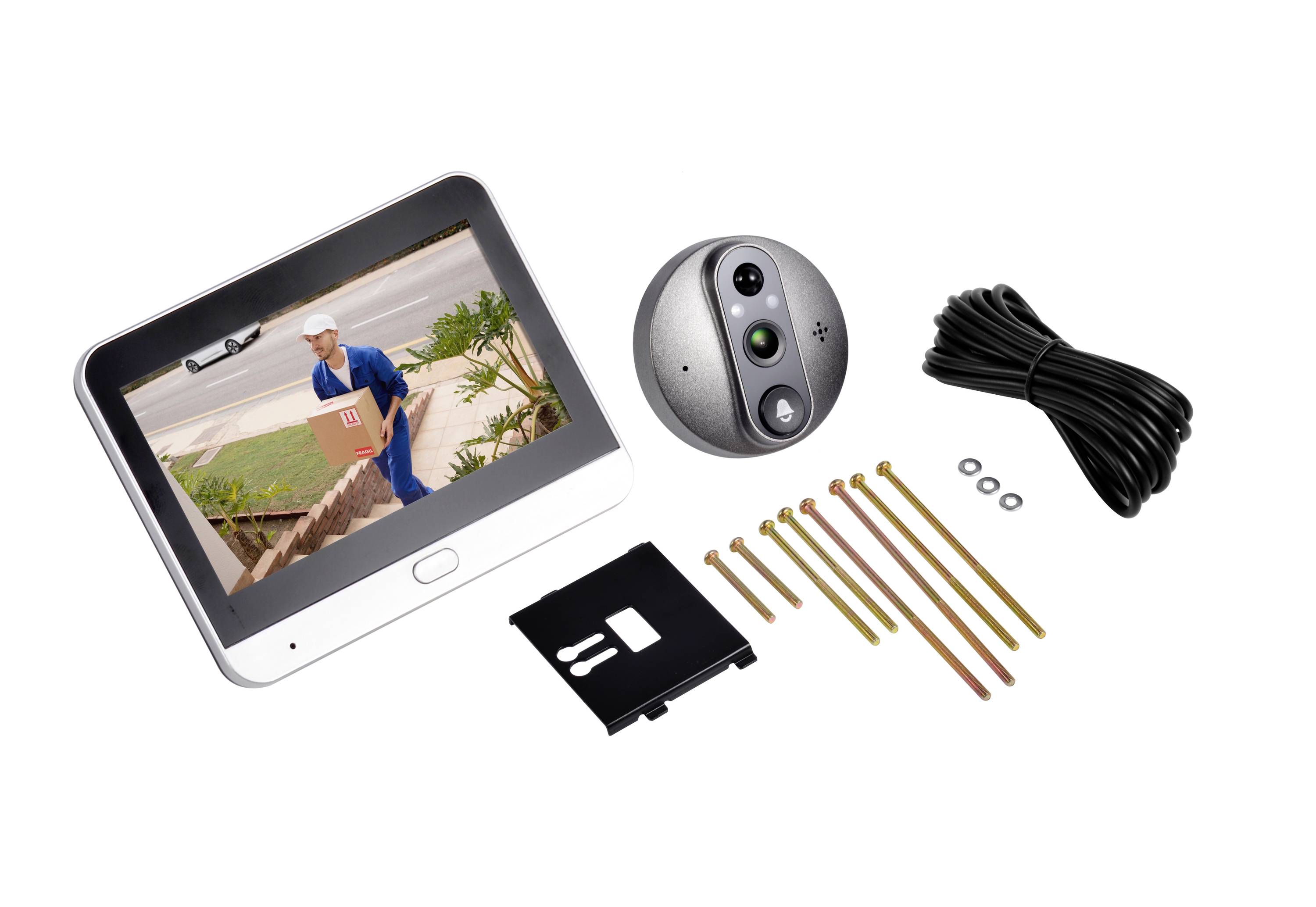 Souprava videozvonek s vnitřním monitorem, kamerou zvonku, pamětovou kartou, šrouby a propojovacím kabelem na bílém pozadí.