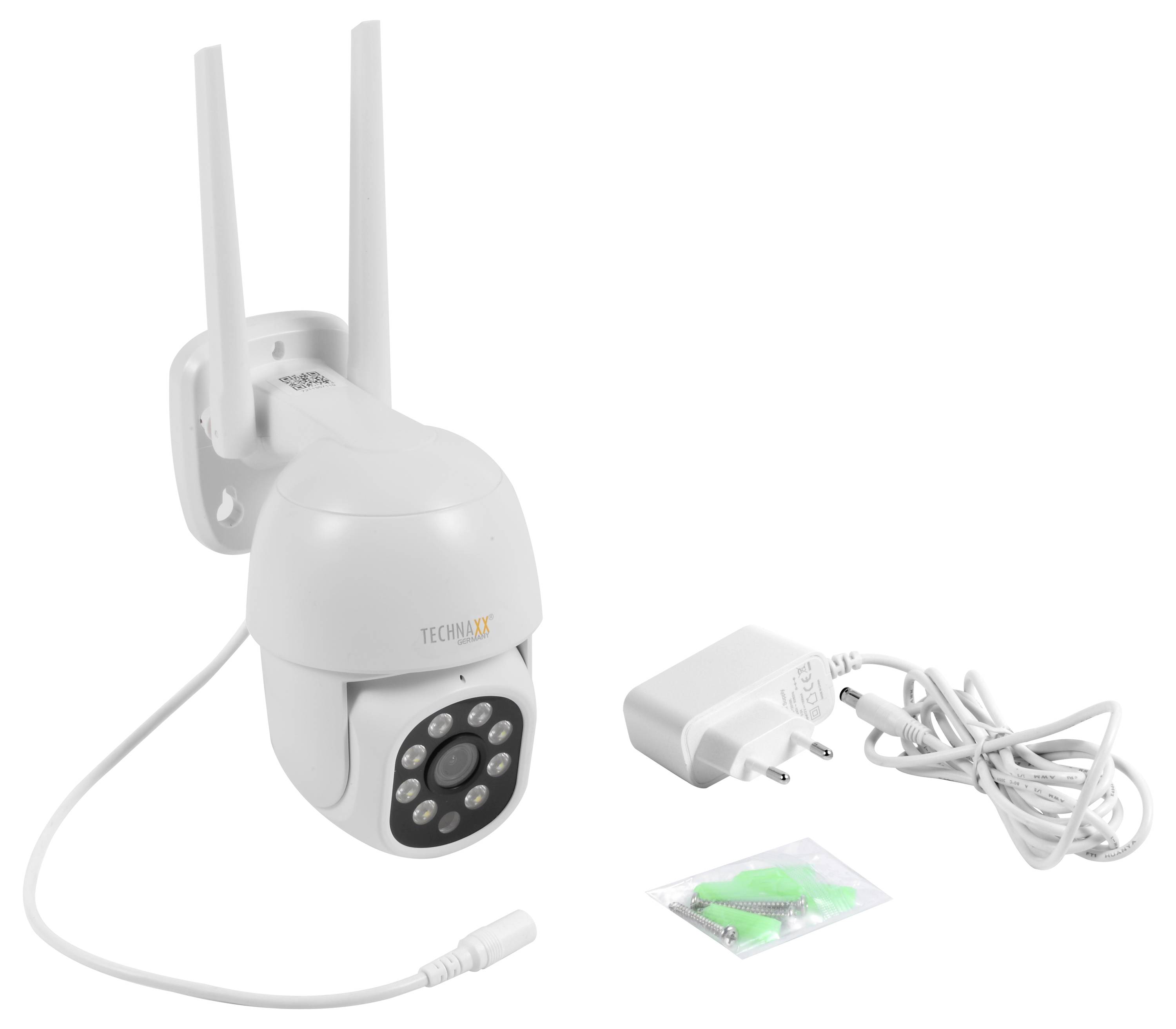 Bílá venkovní Wi-Fi bezpečnostní kamera se dvěma anténami, napájecí adaptér, kabel a montážní šrouby v balení.