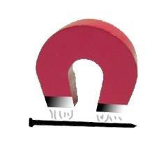 Červený podkovitý magnet s černou podstavou a bílými nožičkami na jednoduchém pozadí.