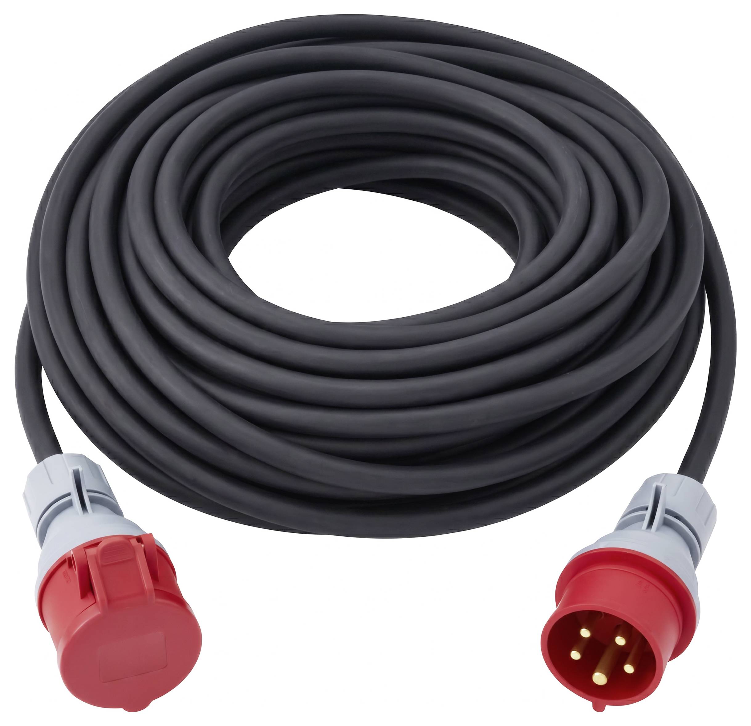 Vinutý černý napájecí kabel s červenými průmyslovými konektory, zobrazen na bílém pozadí.