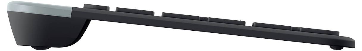 Černý soundbar nebo reproduktor s dlouhým, štíhlým obdélníkovým tělem a zakulaceným čepičkovým koncem, zobrazen na bílém pozadí.