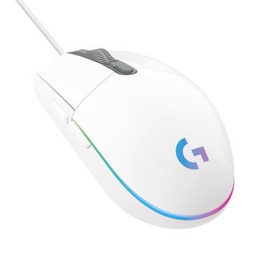 Bílá herní myš s drátovým připojením s duhovým RGB světelným pruhem a logem Logitech G na vrcholu, zobrazena na jednoduchém bílém pozadí.