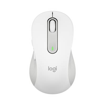 Bílá bezdrátová myš Logitech zobrazená shora s kolečkem pro posouvání a zeleným indikačním světlem baterie.