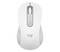 Bílá bezdrátová myš Logitech zobrazená shora s kolečkem pro posouvání a zeleným indikačním světlem baterie.