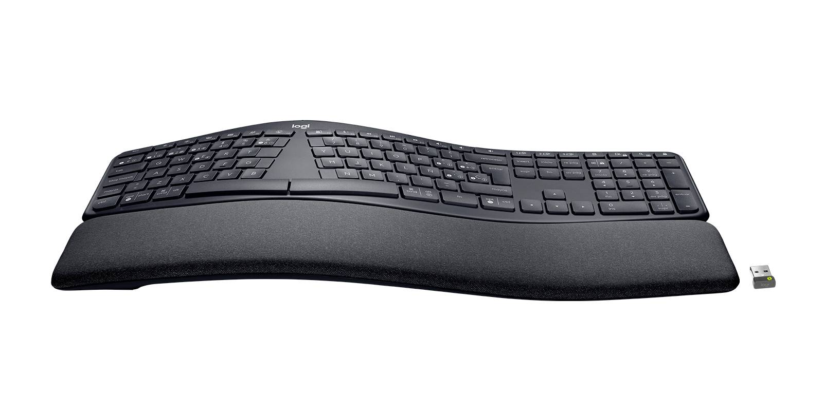 Černá ergonomická bezdrátová klávesnice s polštářkovanou opěrou na zápěstí a USB přijímačem, zobrazena na bílém pozadí.