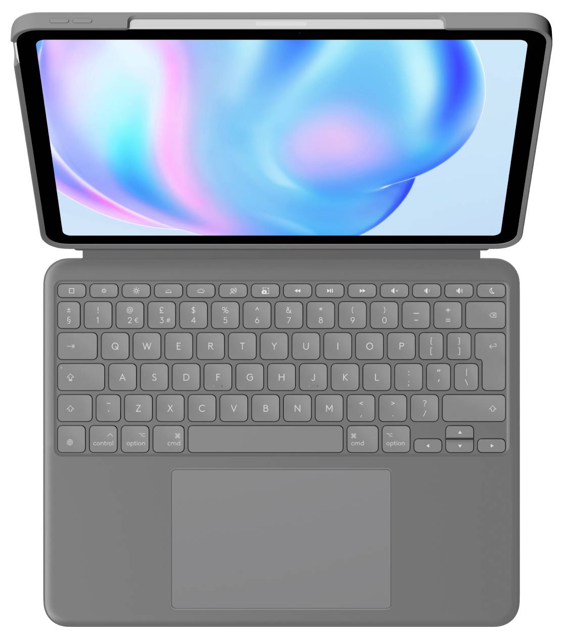 Šedý laptop s otevřenou obrazovkou, která zobrazuje modrou a růžovou abstraktní tapetu, fotografovaný shora s viditelnou klávesnicí a touchpadem.