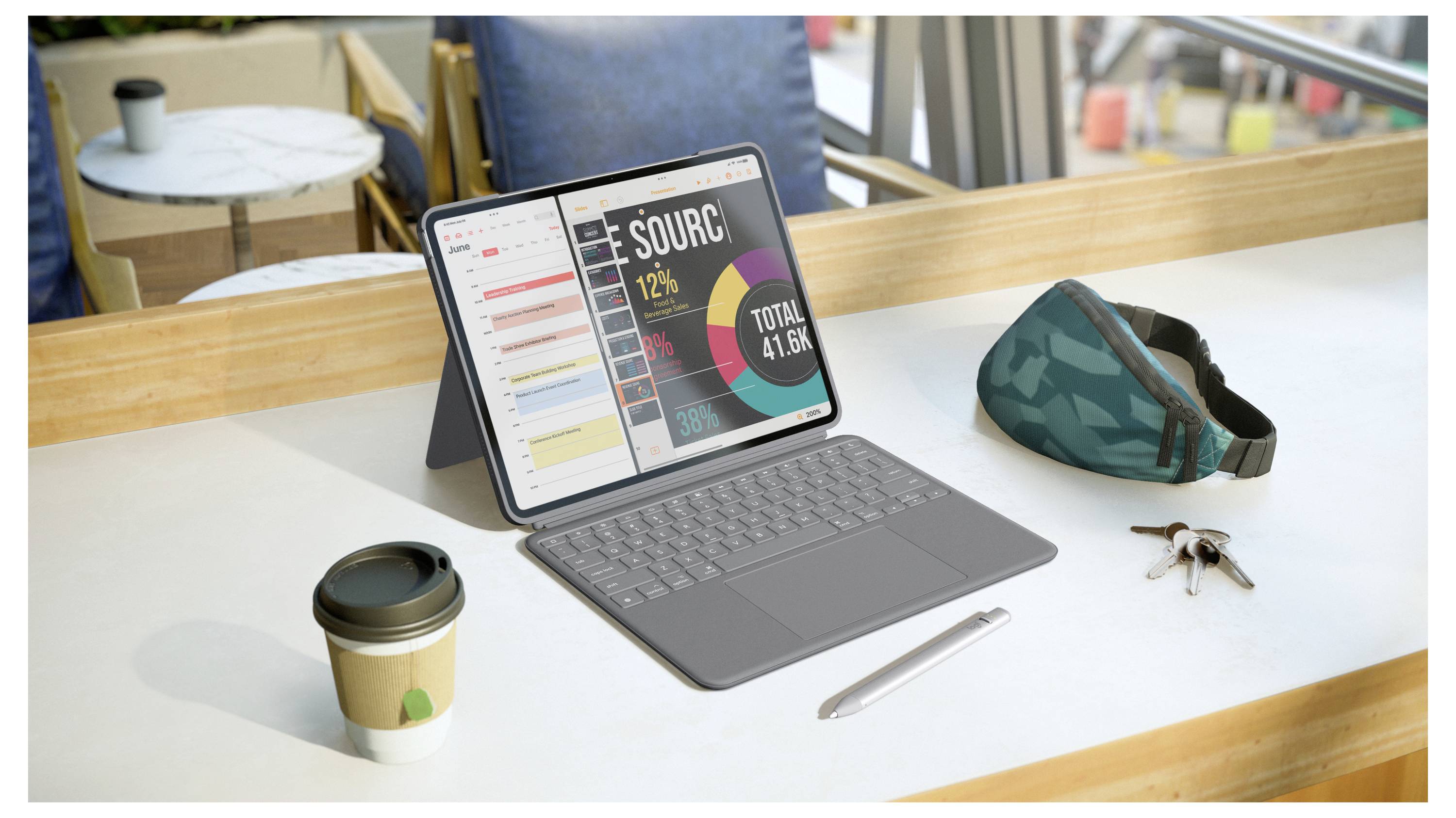 Tablet na stole v kavárně zobrazující řídicí panel s grafy a "ZDROJ" a "CELKEM 4.1K"; v blízkosti je šálek kávy, stylus a obličejová maska.
