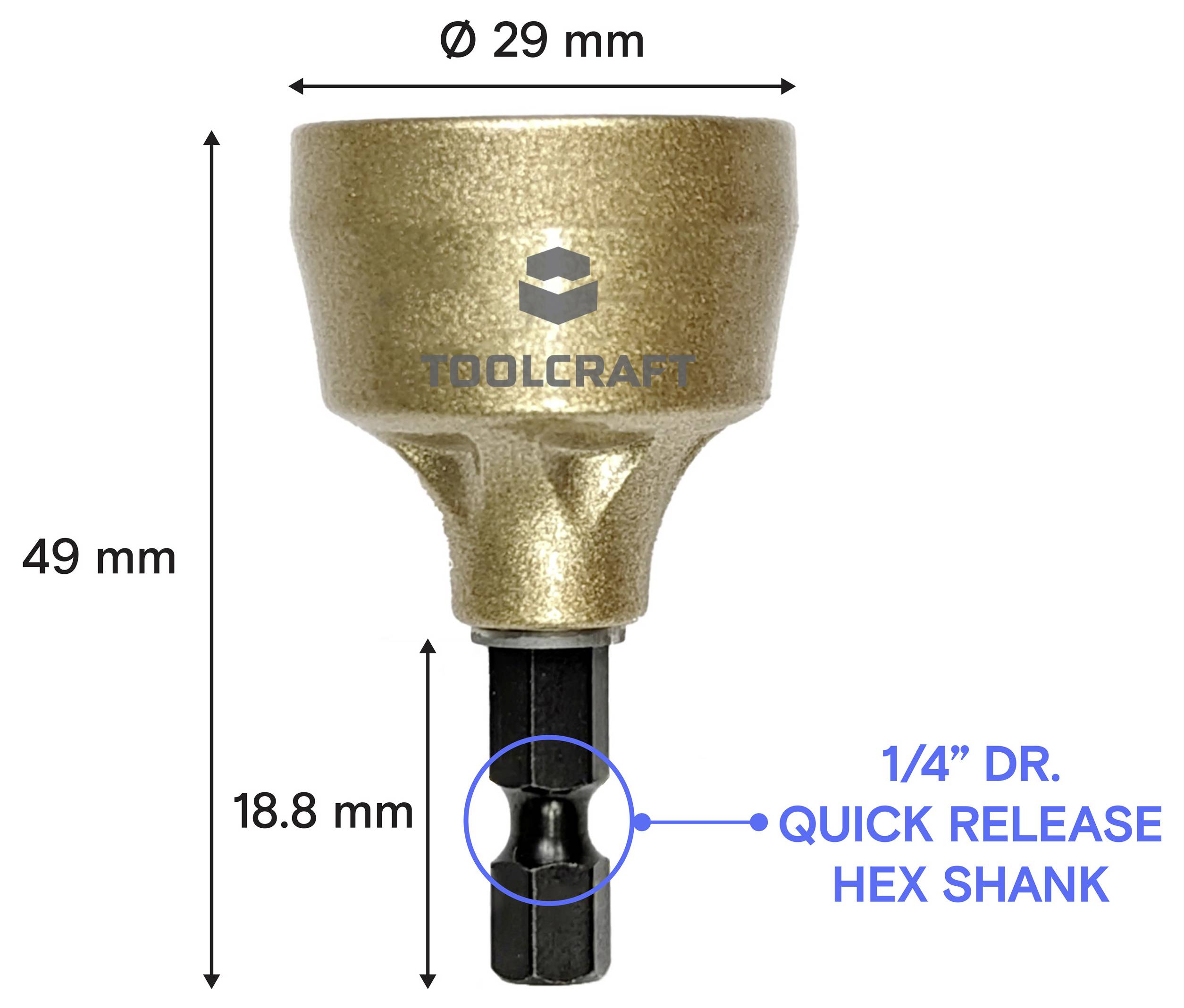 Adaptér Toolcraft se sklopným šestihranným vřetenem se 1/4palcovou jednotkou, zobrazený s rozměry 49 mm na výšku a 29 mm na šířku a délkou vřetene 18,8 mm.