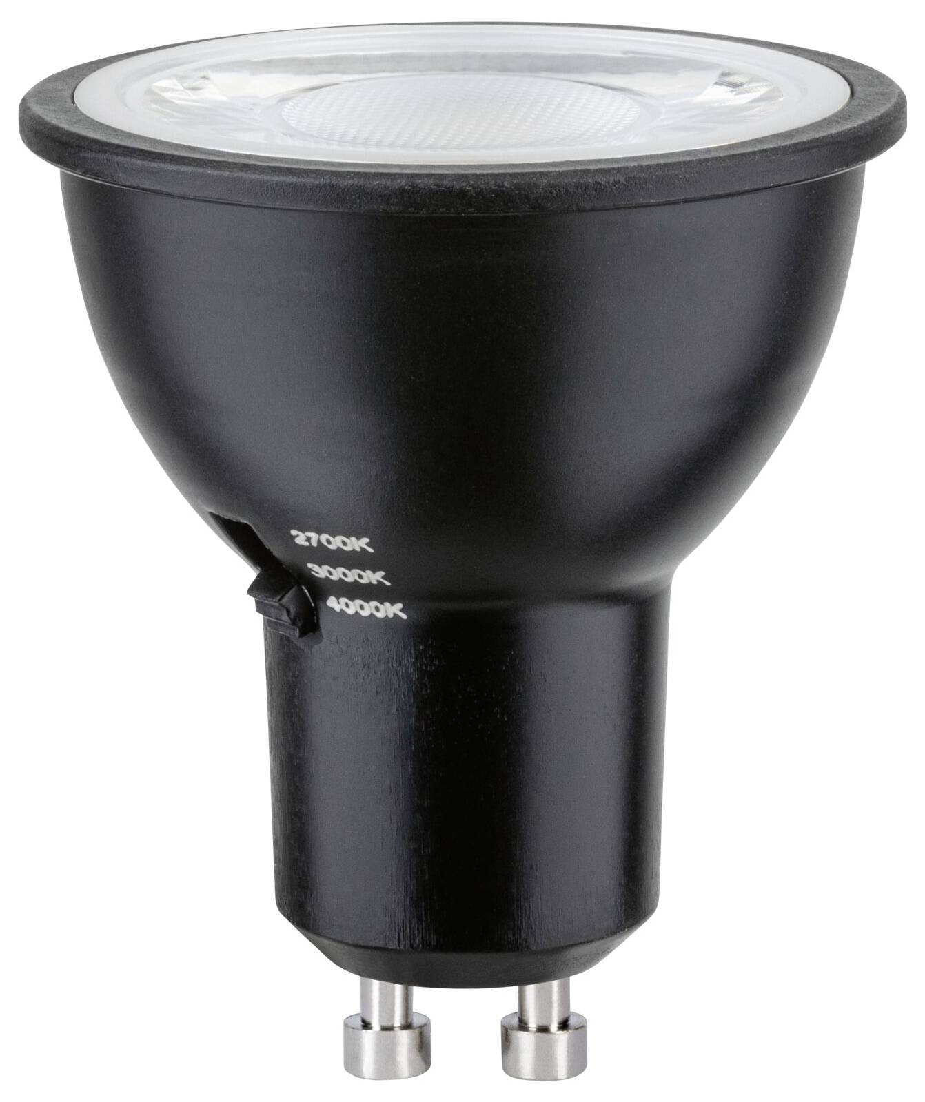 Černý LED reflektor s dvoupólovou patkou a nastavitelným značením pro různé teploty barev