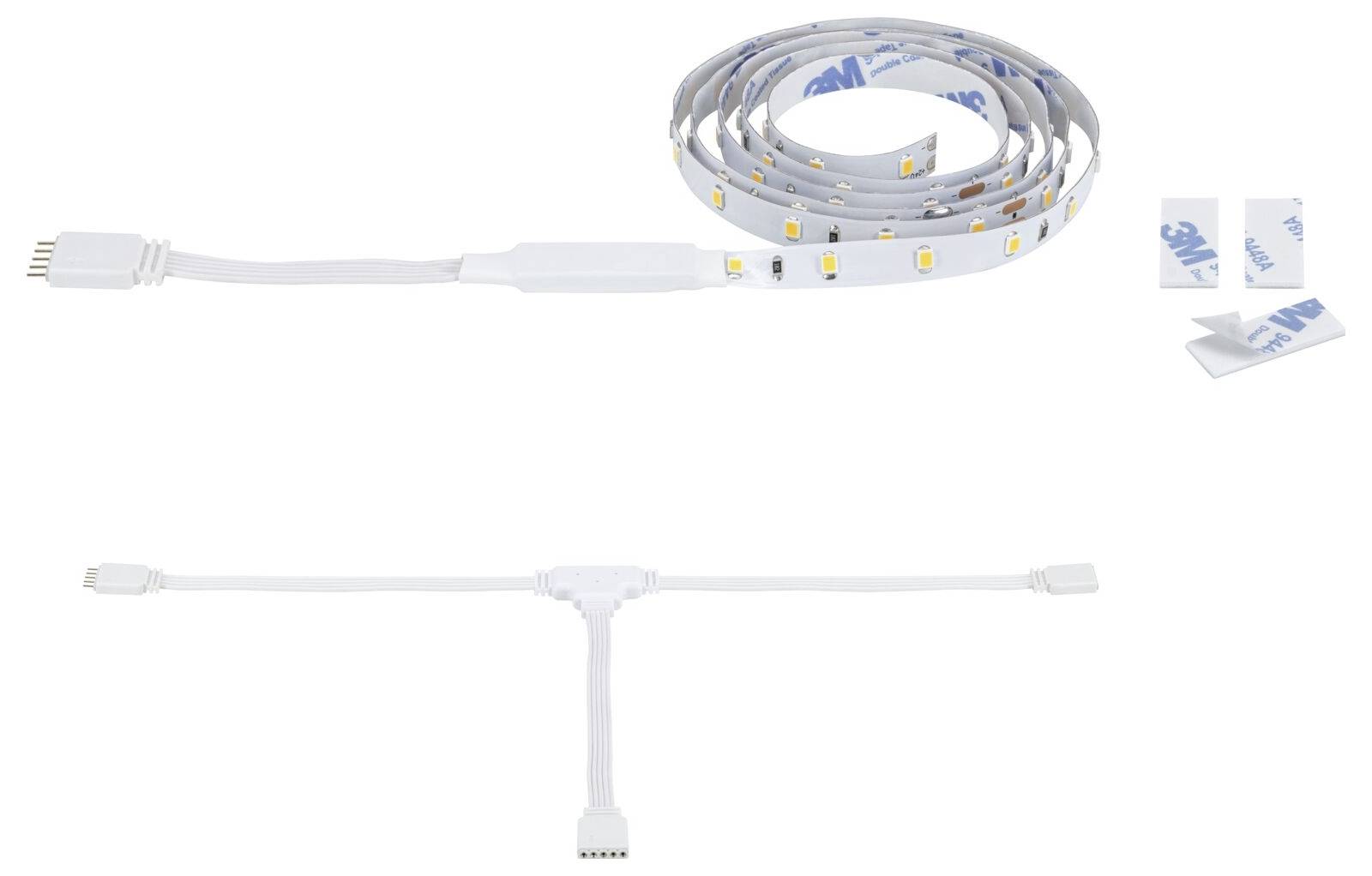 Sada LED pásku osvětlení s konektory a T-splitterem, zobrazující stočený flexibilní pás a prodlužovací kabel na bílém pozadí.
