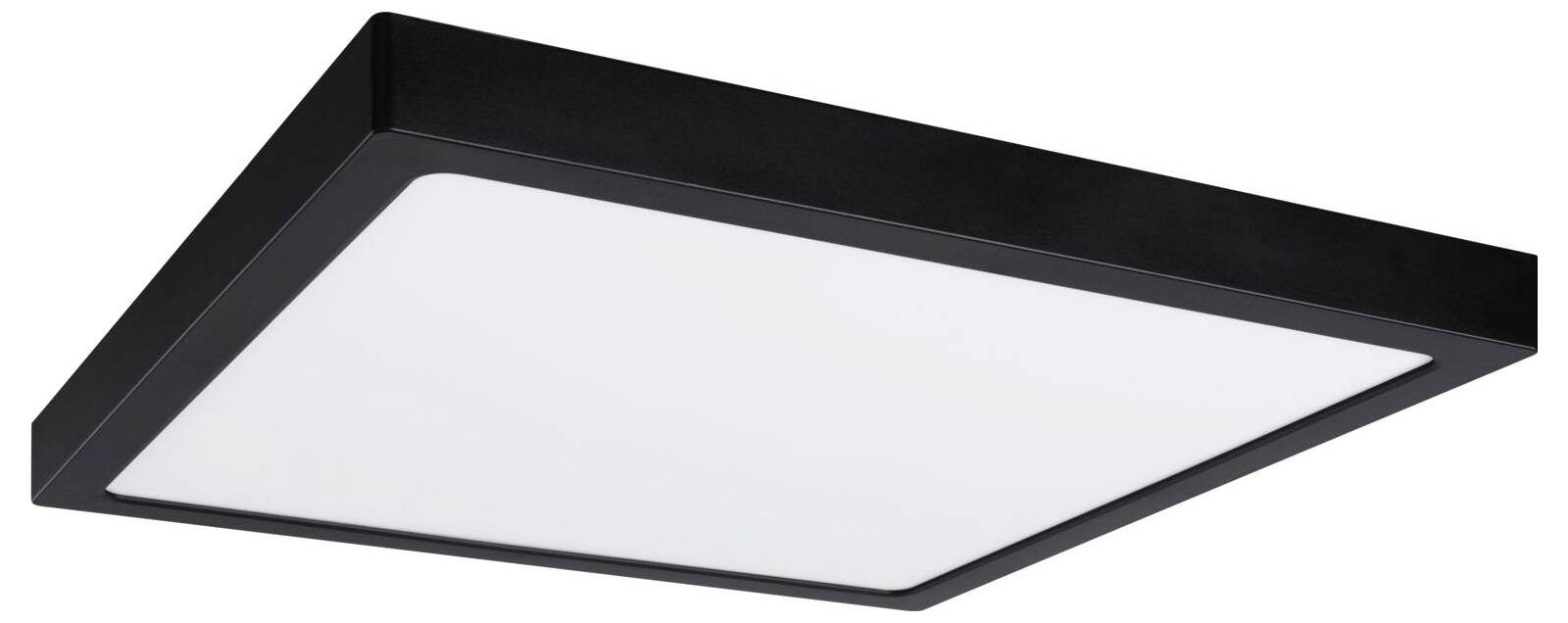 Černý obdélníkový LED panel stropního světla s bílým difuzorem, zobrazen v úhlu.