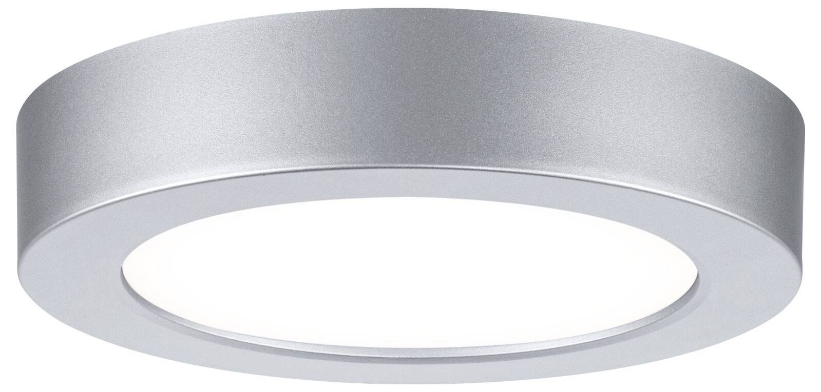 Kulatá stříbrná stropní LED svítidla s velkým kulatým bílým difuzorem.