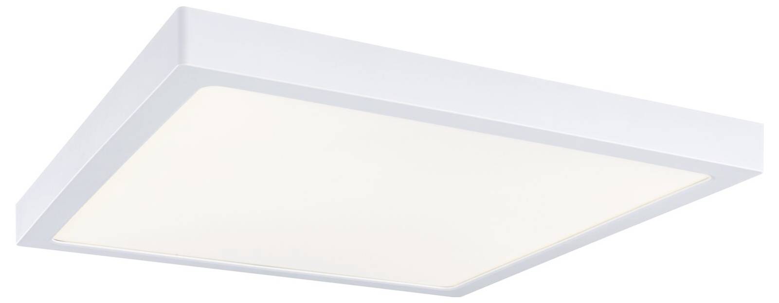 Moderní obdélníkový stropní svítící prvek s matnou bílou difuzérem a bílým rámem, pohled zezdola v úhlu.