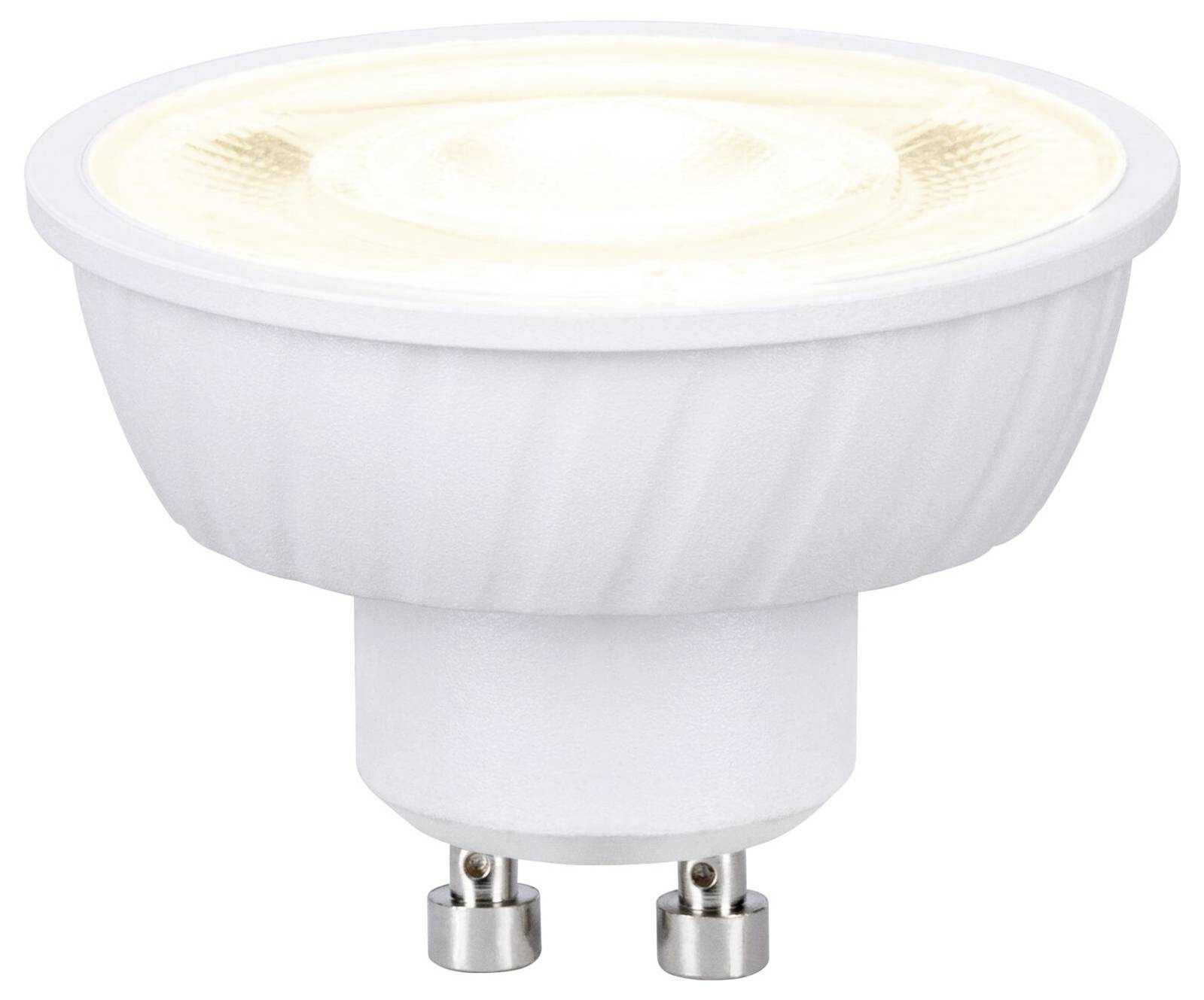 Bílá LED žárovka reflektoru s dvoupólovým patronem typu GU10, zobrazená na jednolitém pozadí.