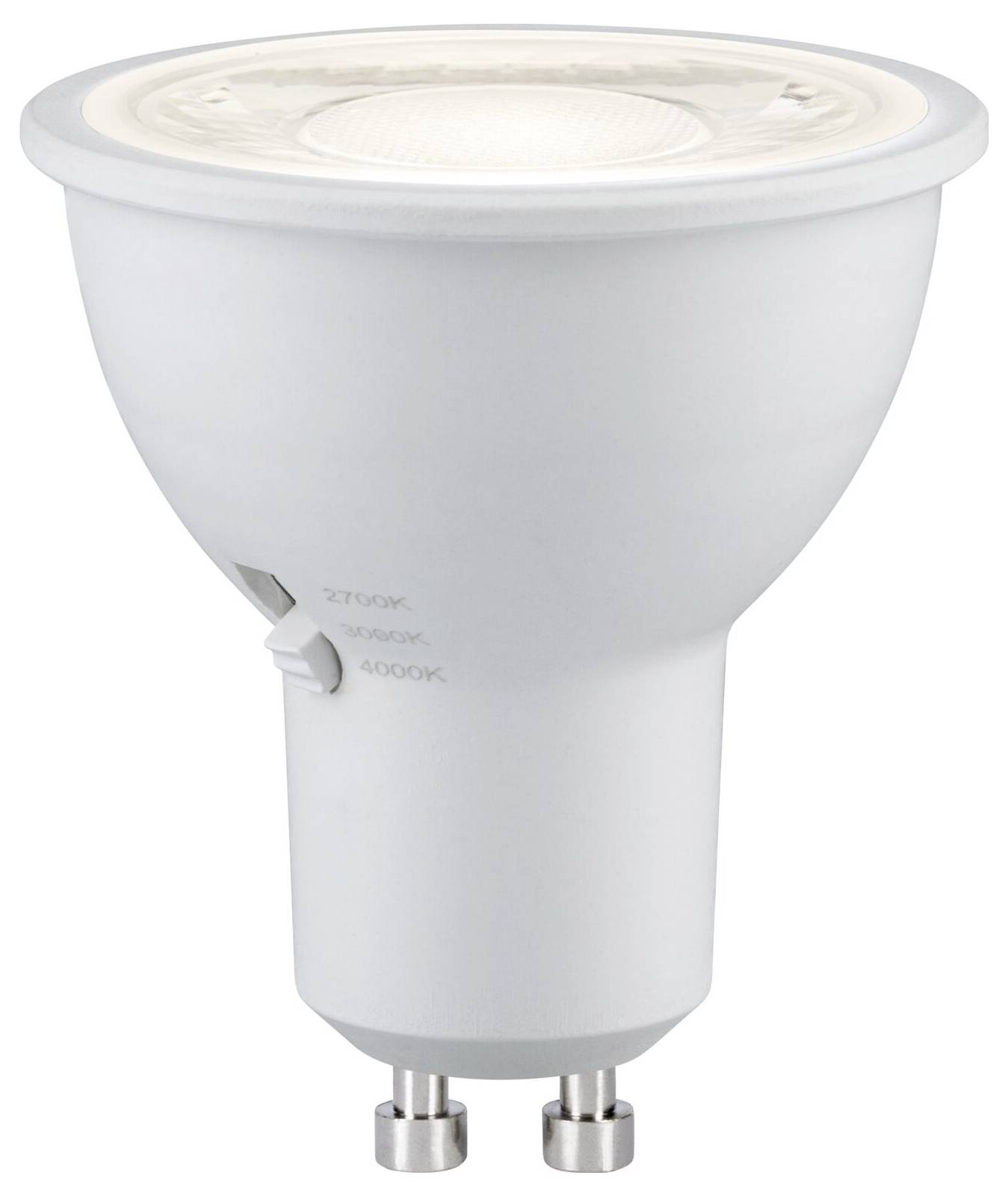 Bílá LED reflektorová žárovka se základem v Style GU10 a selektorem teploty barvy označeným 2700K, 3000K a 4000K.