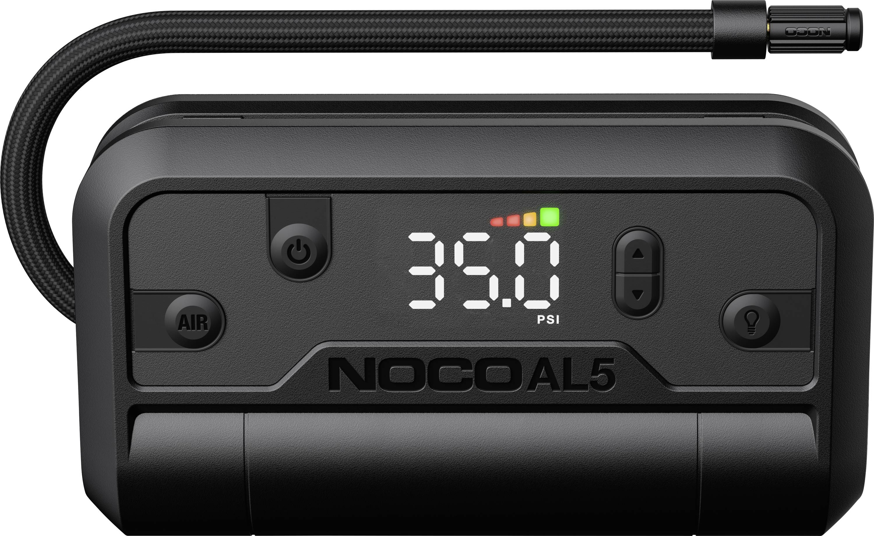 Přenosný digitální kompresor se vzduchovou hadicí, displej zobrazuje 35,0 PSI a ovládací tlačítka pro nafukování pneumatik nebo vybavení.