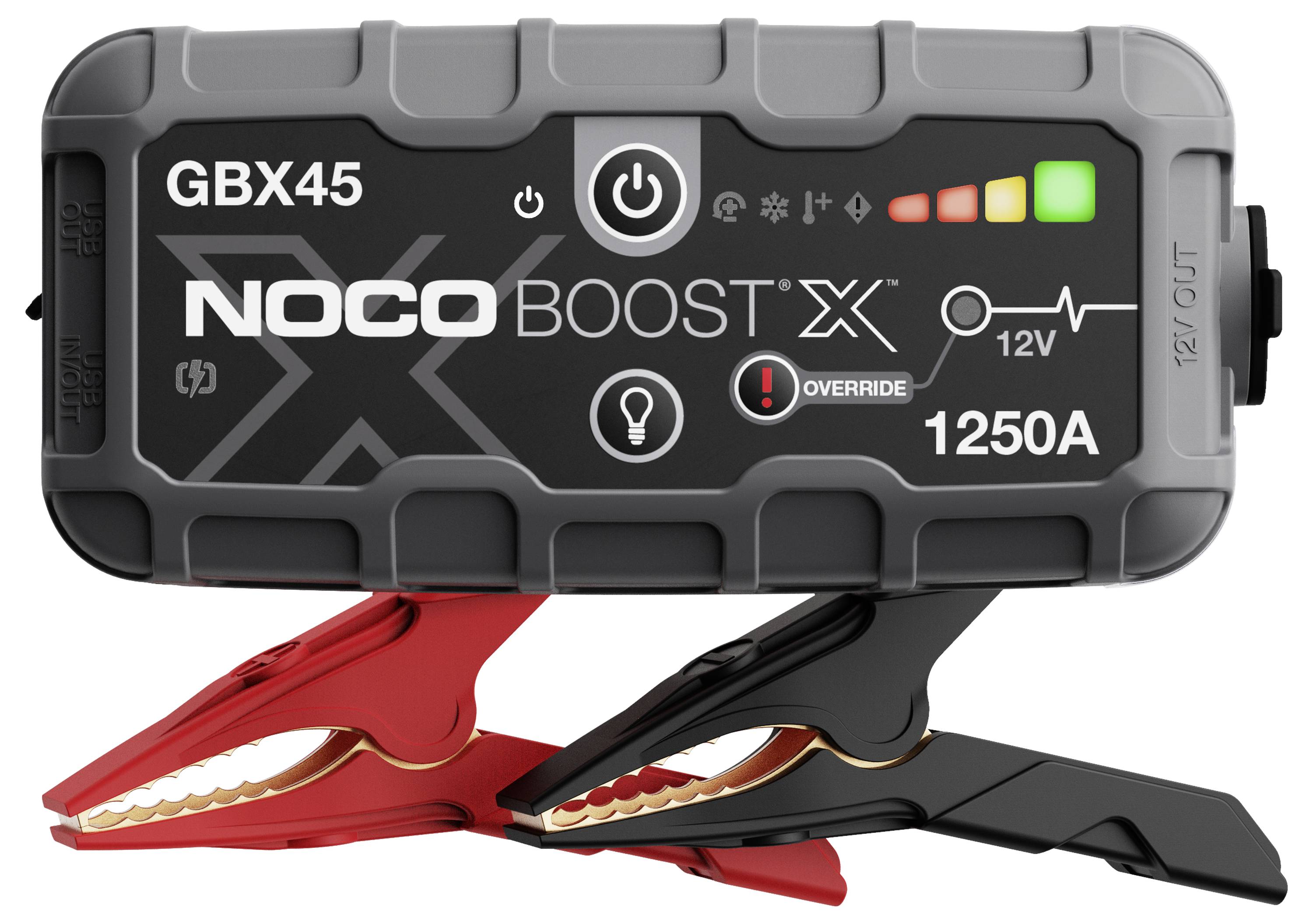 Přenosný startovací prvek NOCO Boost X GBX45 12V 1250A s červeným a černým bateriovým svorkami zobrazenými připojenými pod jednotkou.