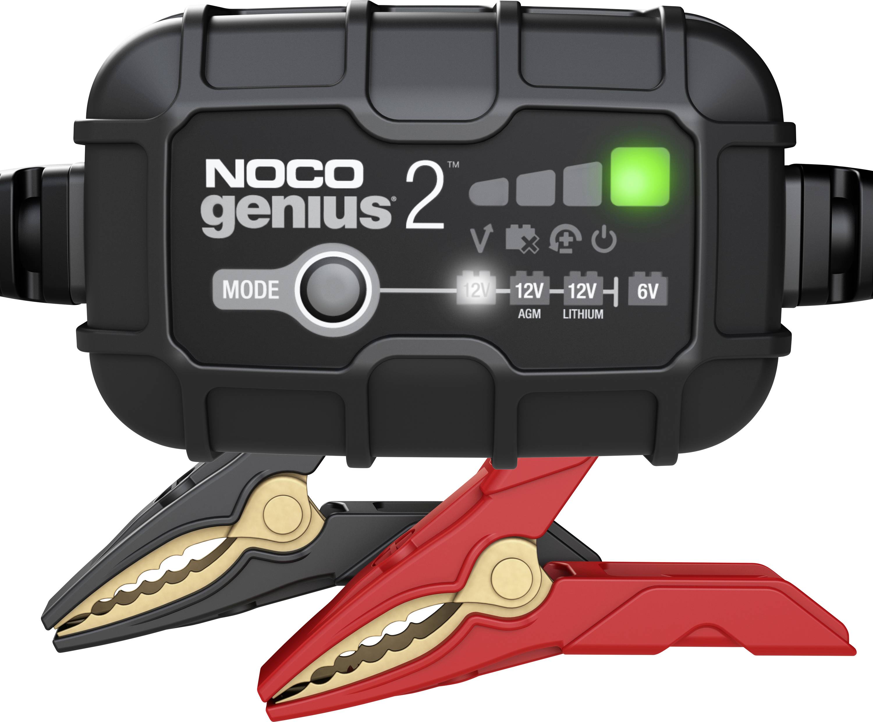NOCO Genius 2 nabíječ baterie se dvěma přemostovacími svorkami, zobrazující indikátory stavu nabíjení a volitelné režimy pro baterie 6V a 12V.