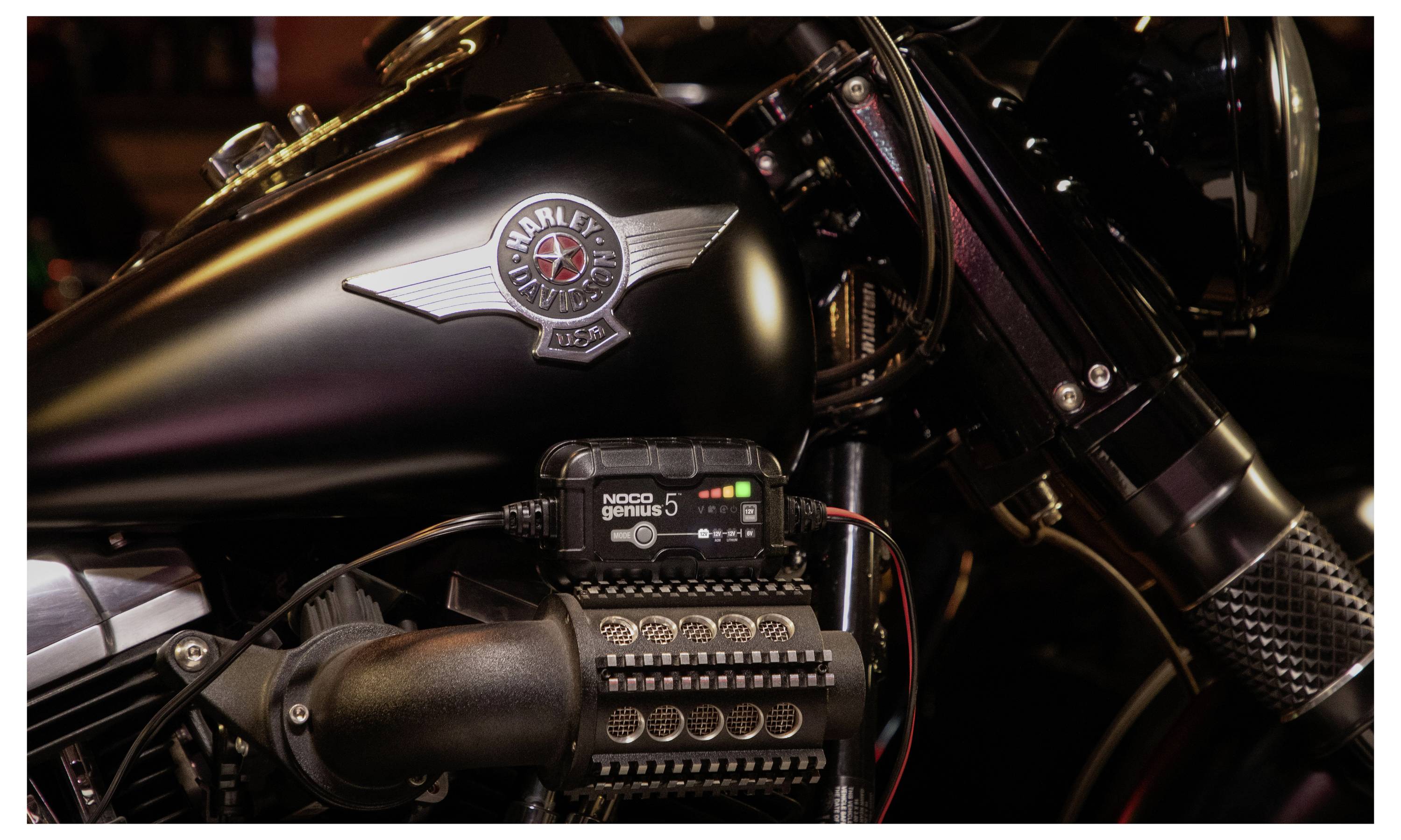 Detailní záběr na motor motocyklu Harley-Davidson a palivovou nádrž, zobrazující logo Harley a připojenou jednotku elektronického příslušenství.