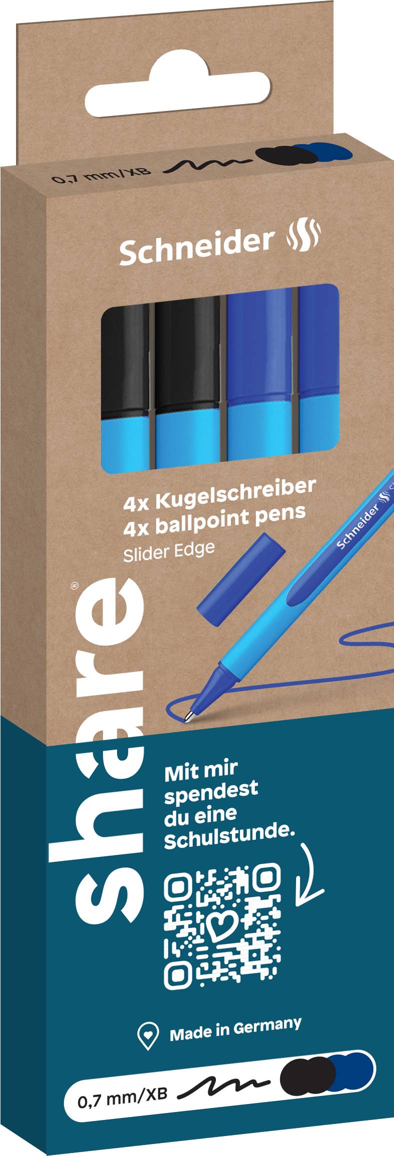 Balící krabice kuličkového pera Schneider s 4 modrými pery, špičkou 0,7 mm, QR kódem a značením "Vyrobeno v Německu".