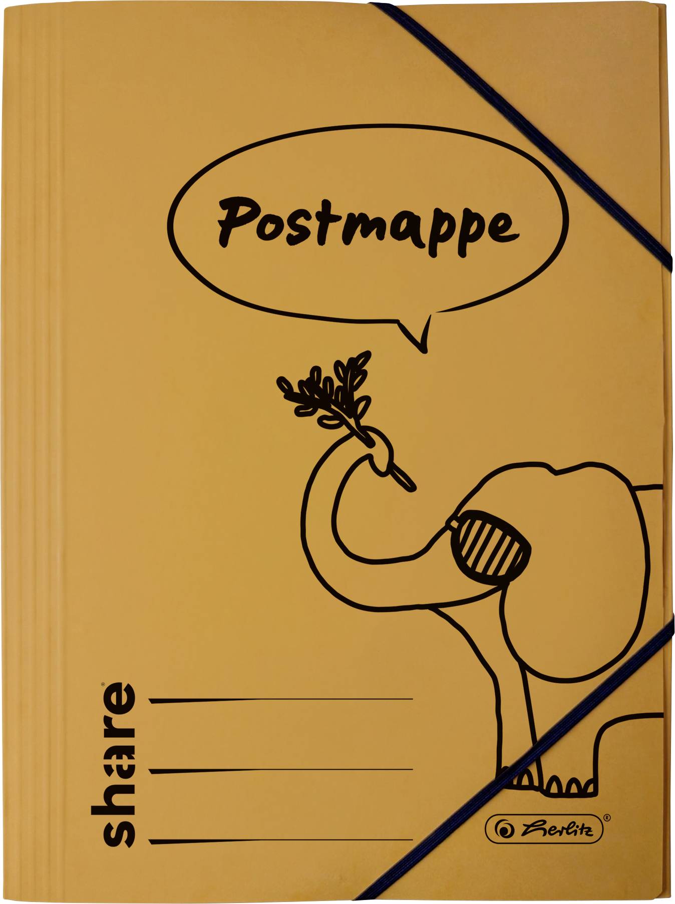 Oranžová složka "Postmappe" s gumičkou, štítkem "share" a jednoduchým obrázkem slonka držícího větvičku.