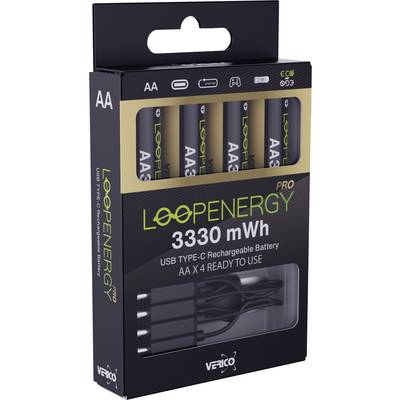 Balení čtyř dobíjecích baterií LoopEnergy Pro AA, 3330 mWh, USB Type-C s viditelným nabíjecím kabelem skrz okno krabice.