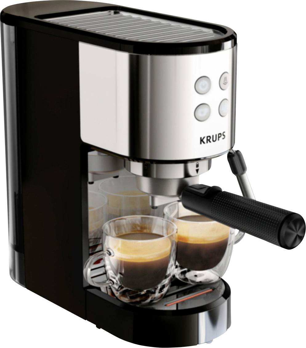 Krupsuův espresso automat připravující dva espressa do skleničky, s viditelným porcovačem a ovládacími tlačítky.