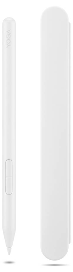 Bílý stylus Lenovo Yoga zobrazený vedle odpovídajícího bílého ochranného pouzdra nebo obalu na jednolitém pozadí.
