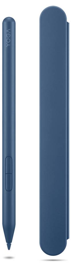 Modrá stylus tužka YOGA s odpovídajícím štíhlým ochranným pouzdrem na bílém pozadí.