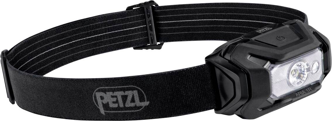 Černá čelovka PETZL s nastavitelným elastickým páskem, zobrazená na bílém pozadí.