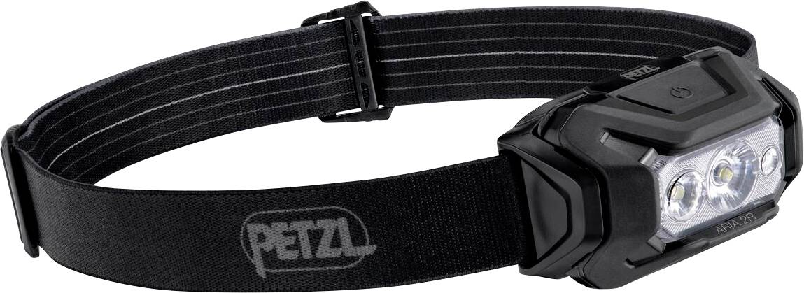 Černá čelovka Petzl s nastavitelnou elastickou čelenkou a třemi LED světly, zobrazená na bílém pozadí.