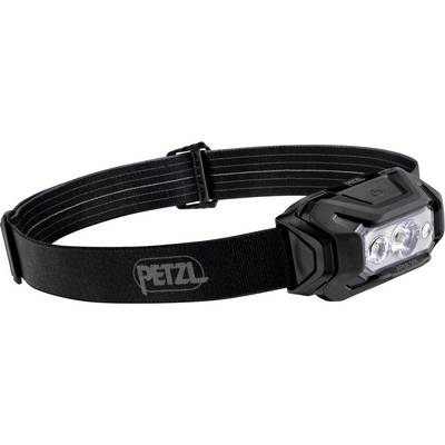 Černá čelovka Petzl s nastavitelnou elastickou čelenkou a třemi LED světly, zobrazená na bílém pozadí.