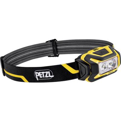 Černo-žlutá čelovka Petzl s nastavitelným páskem a dvěma předními LED diodami, zobrazená na bílém pozadí.