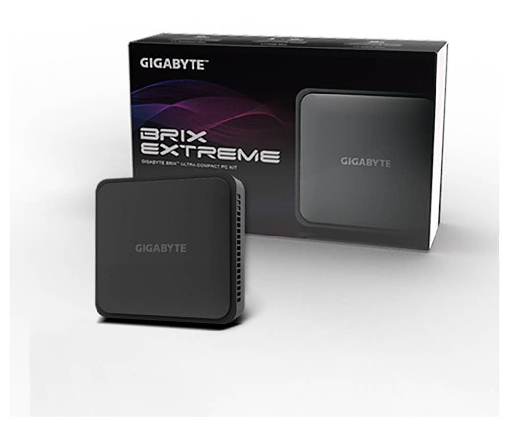 Miniaturní počítač Gigabyte BRIX Extreme zobrazený se svým maloobchodním obalem na bílém pozadí.