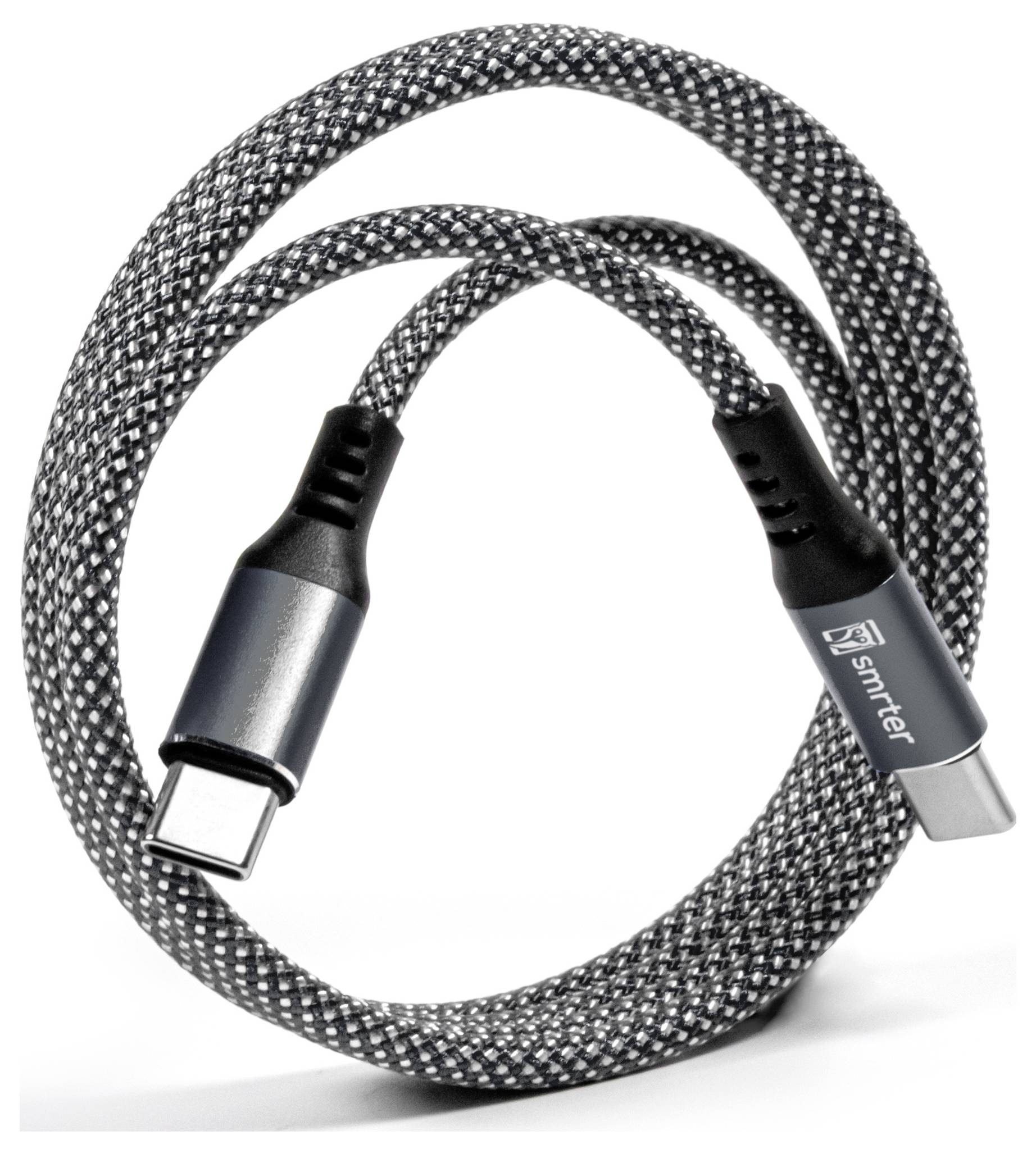 Pletený kabel USB-C stočený na bílém pozadí s konektory USB-C na obou koncích.